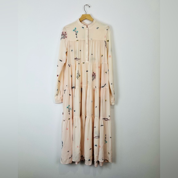 an an londree Dresses & Skirts - An An Londree Peach Pink Floral Embroidered Tiered 100% Silk Maxi Dress UK S